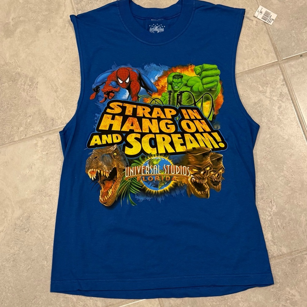 Universal Blue Mens Sleeveless Graphic Tee - Marvel & Jurassic Design
